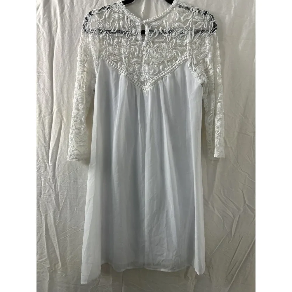 AUW Lace Chiffon Dress Size Medium White Sheet Lined‎ 3/4 Sleeve